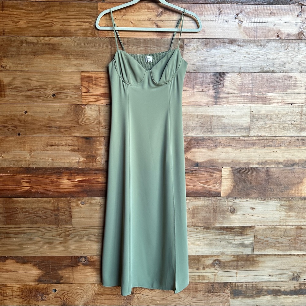 Green sleeveless midi slip dress with spaghetti straps and side slit  Aritzia